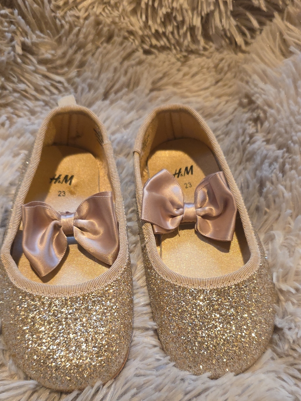 H&M Girls' Glitter Bow Ballet Flats in Pale Gold